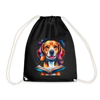 Beagle Reading Book Dog Funny Animal Design Print - Drawstring Bag - black - Front