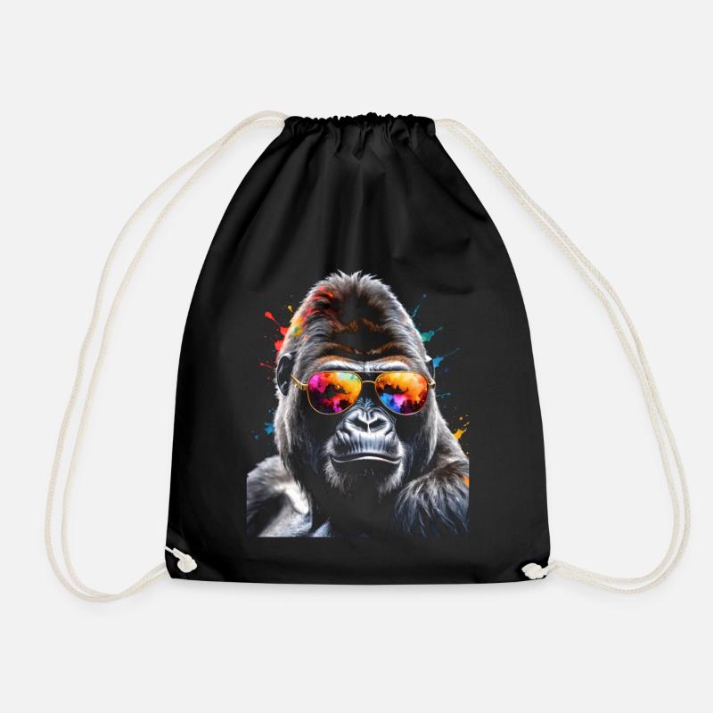 Gorilla Sunglasses Monkey Colorful Animal Design Print - Drawstring Bag - black