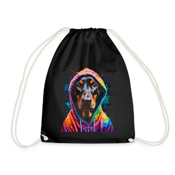 Dobermann Hoodie Hund Bunt Lustig Tier Print - Turnbeutel - Schwarz - Vorne