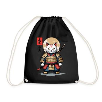 Samurai Cat Asian Ukiyo-E Style Aesthetic - Drawstring Bag - black - Front