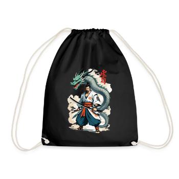 Dragon Samurai Vintage Ukiyo-e Style Artwork - Drawstring Bag - black - Front