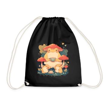 Frogs With Tea Toadstool Cottagecore Leaves - Drawstring Bag - black - Front
