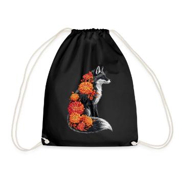 Fox Flowers, animal fox with floral flowers - Drawstring Bag - black - Front