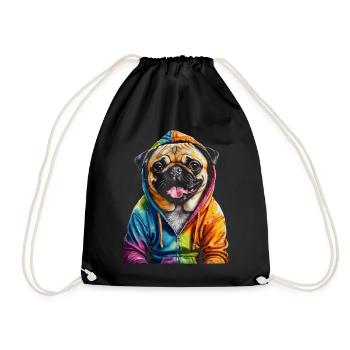 Pug Hoodie Dog Colorful Funny Animal Design Print - Drawstring Bag - black - Front