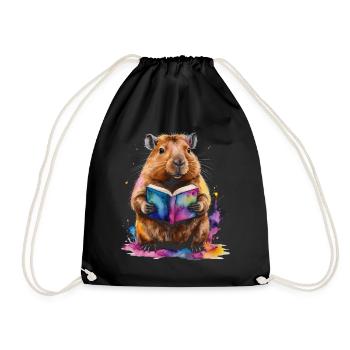 Capybara Reading Book Capy Colorful Animal Design Print - Drawstring Bag - black - Front