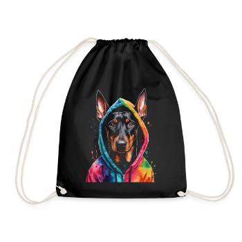Dobermann Hoodie Hund Bunt Lustig Tier Print - Turnbeutel - Schwarz - Vorne