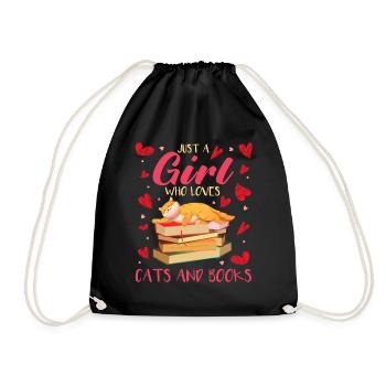 Cats, Cat Lover, Books, Reading, Girl - Drawstring Bag - black - Front