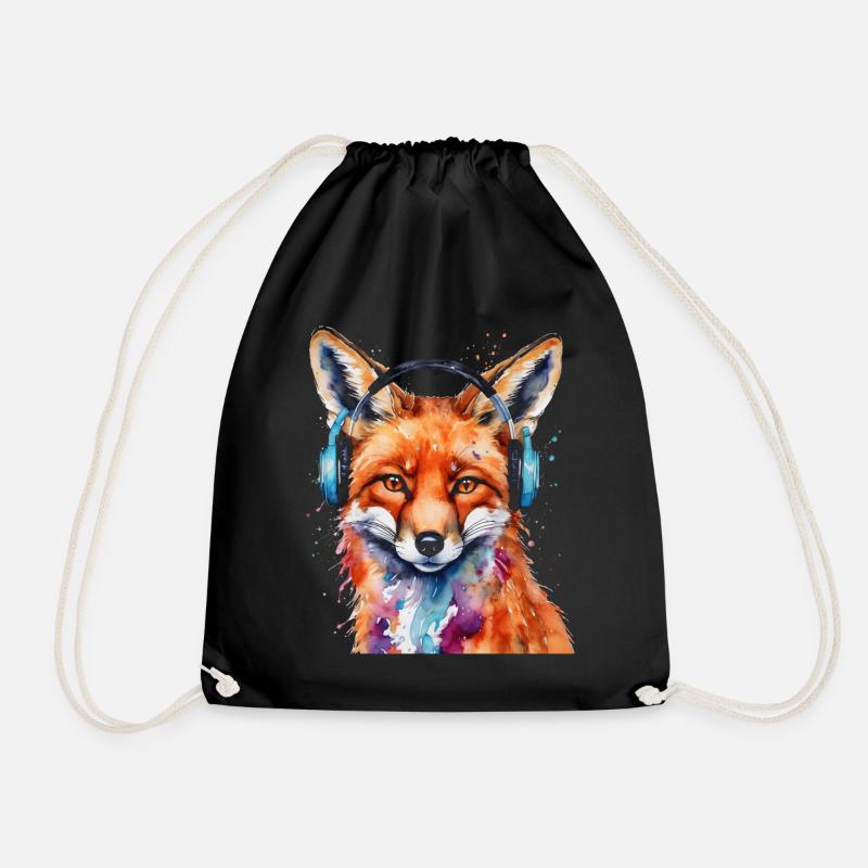 Fuchs Kopfhörer Musik Bunt Tier Design Print - Turnbeutel - Schwarz