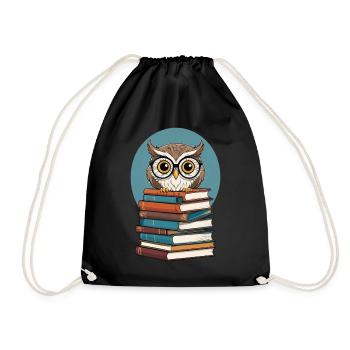 Cute Book Illustration Owl Book Lover - Drawstring Bag - black - Front
