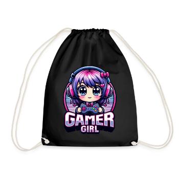 Gamer Girl. kawaii Illustration, Gaming, Zockerin, - Turnbeutel - Schwarz - Vorne