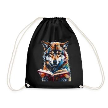 Wolf Lesen Buch Bunt Tier Design Print - Turnbeutel - Schwarz - Vorne