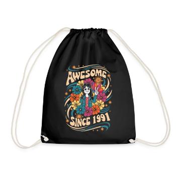 Vintage 1991 Hippie Birthday Retro Floral - Drawstring Bag - black - Front