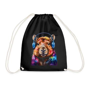 Capybara Kopfhörer Capy Bunt Tier Design Print - Turnbeutel - Schwarz - Vorne