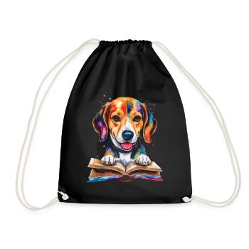 Beagle Reading Book Dog Funny Animal Design Print - Drawstring Bag - black - Front