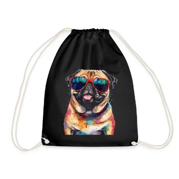 Pug Sunglasses Dog Colorful Funny Design Print - Drawstring Bag - black - Front