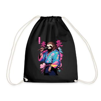 Samurai Sloth Aesthetic Vaporwave Style Art - Drawstring Bag - black - Front