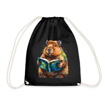Capybara Reading Book Capy Colorful Animal Design Print - Drawstring Bag - black - Front