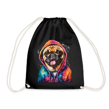 Pug Hoodie Dog Colorful Funny Animal Design Print - Drawstring Bag - black - Front