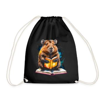 Capybara Reading Book Capy Colorful Animal Design Print - Drawstring Bag - black - Front