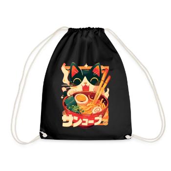 Kawaii Cute Cat Ramen Bowl Noodles Japanese Anime - Drawstring Bag - black - Front