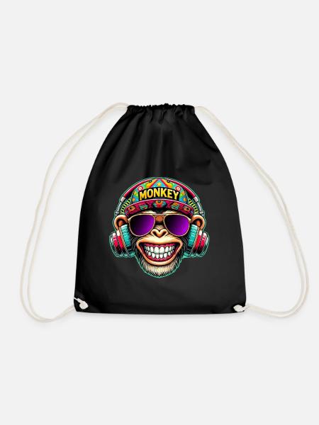 Cool DJ Monkey Headphones Colorful Retro Style - Drawstring Bag - black