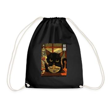 Vintage Retro Ramen Noodles Aesthetic Kawaii Cat - Drawstring Bag - black - Front