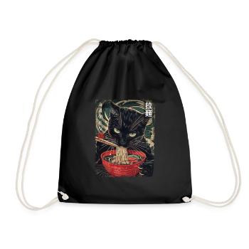 Aesthetic Ramen Noodles - Kawaii Black Cat - Drawstring Bag - black - Front
