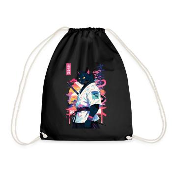 Samurai Cat Vaporwave Aesthetic Japan Art - Drawstring Bag - black - Front