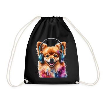 Pomeranian Pomeranian Headphones Dog Print - Drawstring Bag - black - Front