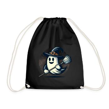 funny Halloween witch ghost with witch broom - Drawstring Bag - black - Front