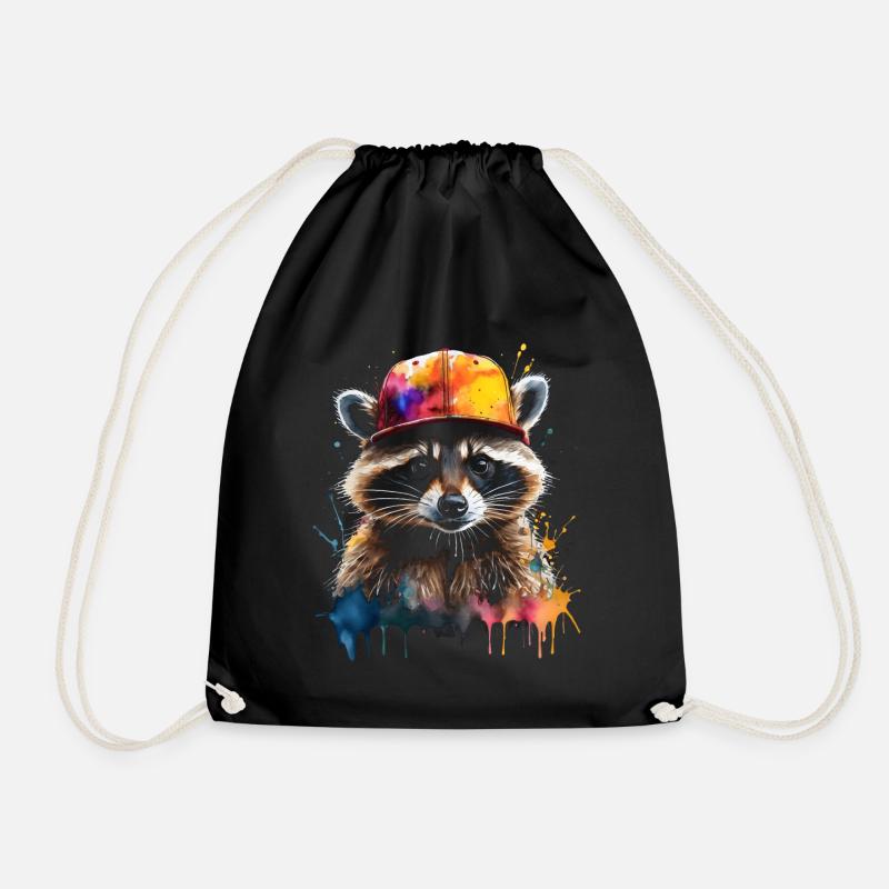 Waschbär Snapback Cap Bunt Tier Design Print - Turnbeutel - Schwarz