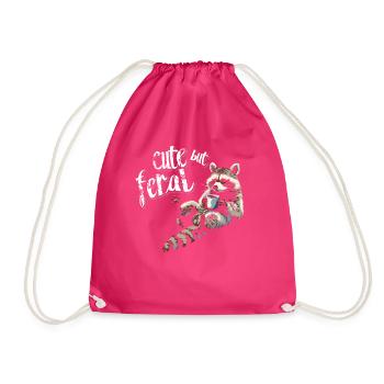 Cute Raccoon Coffee Drinker Cartoon - Drawstring Bag - fuchsia - Front