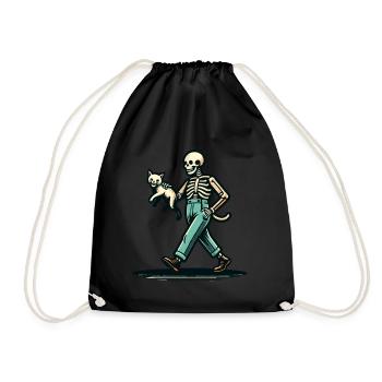 Funny Retro Cartoon Skeleton Cat Owner - Drawstring Bag - black - Front