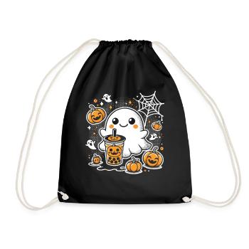 Halloween T-Shirt: Geist mit Kürbis Bubbletea - Turnbeutel - Schwarz - Vorne