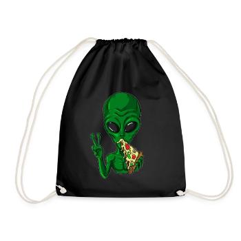 Green alien alien loves pizza lover - Drawstring Bag - black - Front