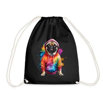 Pug Hoodie Dog Colorful Funny Animal Design Print - Drawstring Bag - black - Front