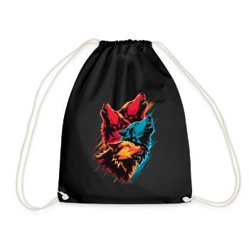 Colorful wolf head motif – Four howling wolves - Drawstring Bag - black - Front