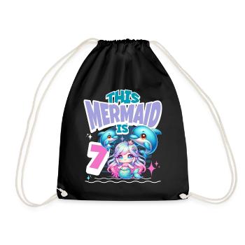Mermaid 7th Birthday Girl Kids - Drawstring Bag - black - Front
