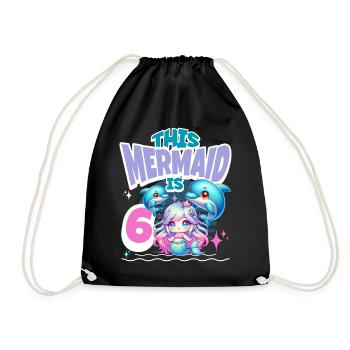 Mermaid 6th Birthday Girl Kids - Drawstring Bag - black - Front
