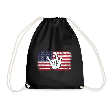 ASL USA Flag Funny Deaf Awareness Patriotic ASL - Drawstring Bag - black - Front