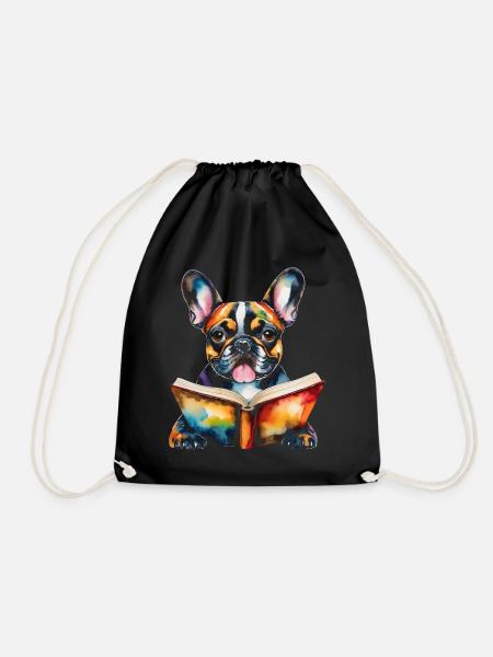 French Bulldog Reading Frenchie Dog Animal - Drawstring Bag - black