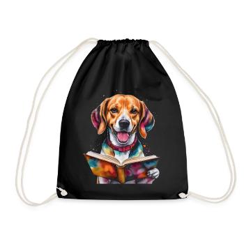 Beagle Reading Book Dog Funny Animal Design Print - Drawstring Bag - black - Front
