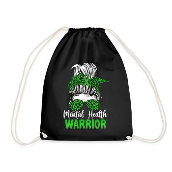 Mental Health Warrior Messy Bun Green Ribbon - Drawstring Bag - black - Front