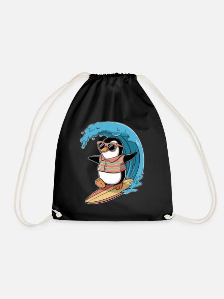 Cooler Pinguin Beim Surfen Mit Sonnenbrille - Turnbeutel - Schwarz