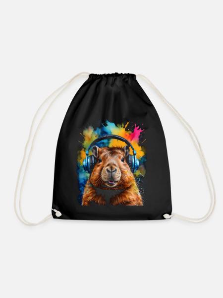 Capybara Kopfhörer Capy Bunt Tier Design Print - Turnbeutel - Schwarz