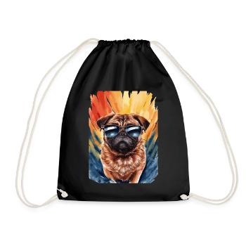 Cooler Mops Mit Sonnenbrille Vor Bunter Kulisse - Turnbeutel - Schwarz - Vorne