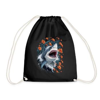 Shark with flowers and waves illustration - Drawstring Bag - black - Front