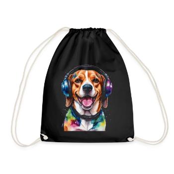 Beagle Headphones Dog Funny Animal Design Print - Drawstring Bag - black - Front