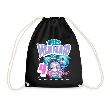 Mermaid 4th Birthday Girl Kids - Drawstring Bag - black - Front