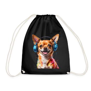 Chihuahua Kopfhörer Hund Lustig Tier Design Print - Turnbeutel - Schwarz - Vorne